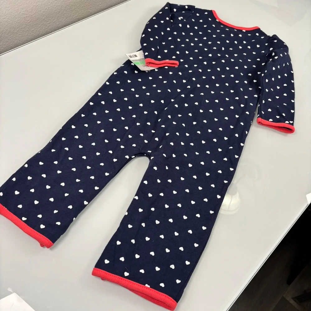 Carter's Kids 18M Navy Blue Heart Print Jumpsuit New Owl Applique Long Sleeve